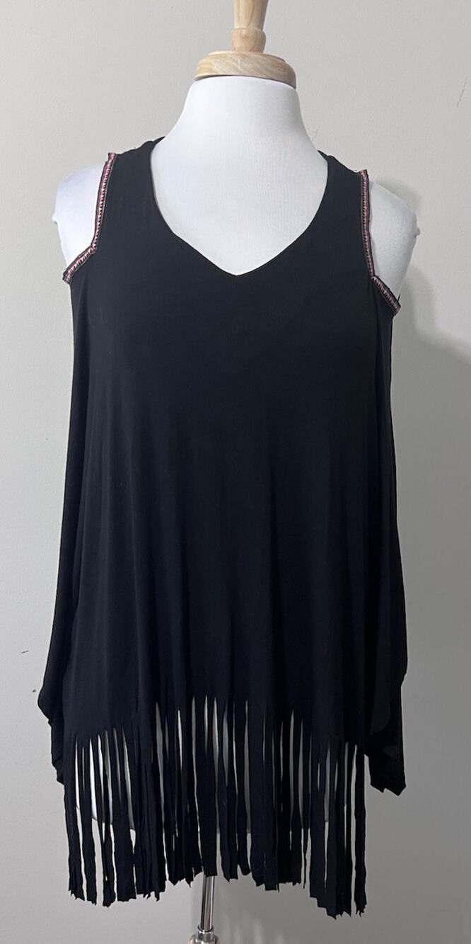 Pebble &Stone 90s Y2K Boho Coastal Cowgirl Fringe Cold Shoulder Poncho Top USA
